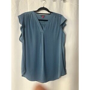 Vince Camuto Women's Blue Solid V-Neck Sleeveless Pullover Pleated Blouse L